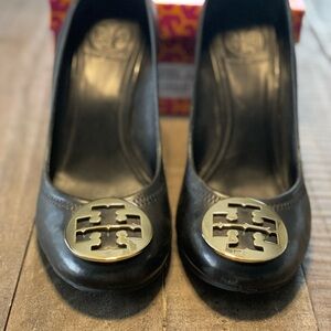 Tory Burch Black and Gold Heels with Signature Medallion